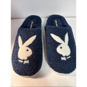 Playboy Mens Memory Foam Indoor Outdoor Blue White Slippers Slides Sz XL 10-11.5